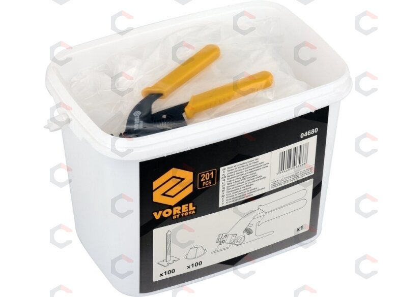 Plytelių išlyginimo rinkinys | Juostos x 100vnt / puodeliai x 100vnt / replės x1 vnt (04680) Plytelių išlyginimo rinkinys | Juostos x 100vnt / puodeliai x 100vnt / replės x1 vnt (04680)