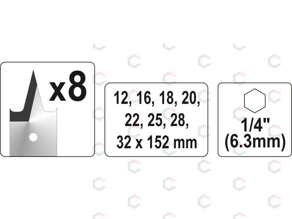 Plunksninių grąžtų rinkinys | 1/4" antgalis | 12-32 mm | 8 vnt (YT-3259) 2 Plunksninių grąžtų rinkinys | 1/4" antgalis | 12-32 mm | 8 vnt (YT-3259) 2