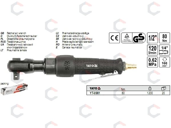 Pneumatinė rankena galvutėms | 12,5 mm (1/2") | 80 Nm (YT-0981) 1