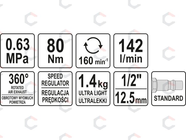 Pneumatinė rankena galvutėms | 12,5 mm (1/2") | 80 Nm (YT-09803) 4 Pneumatinė rankena galvutėms | 12,5 mm (1/2") | 80 Nm (YT-09803) 4
