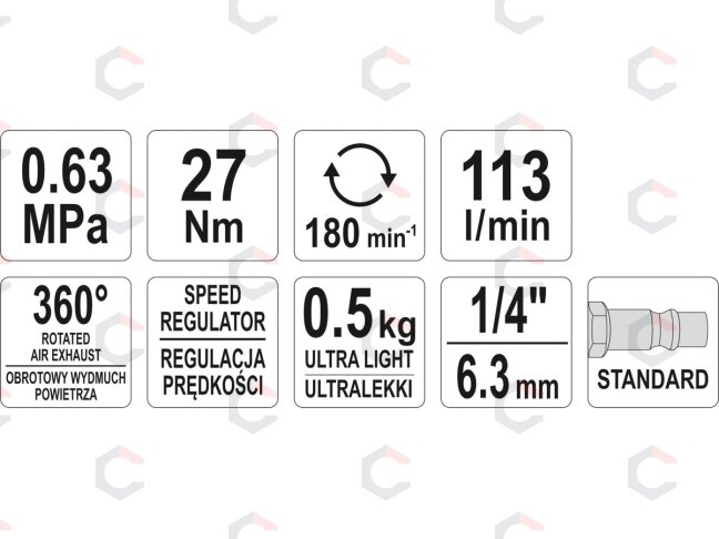 Pneumatinė rankena galvutėms | 6.3 mm (1/4") | 27 Nm (YT-09795) 4 Pneumatinė rankena galvutėms | 6.3 mm (1/4") | 27 Nm (YT-09795) 4