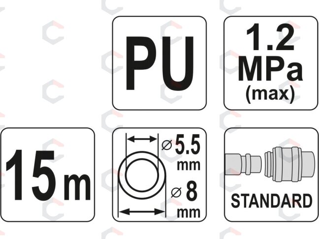 Pneumatinė žarna su antgaliais | 5.5 x 8mm | 15 m | PU (YT-24203) 1 Pneumatinė žarna su antgaliais | 5.5 x 8mm | 15 m | PU (YT-24203) 1
