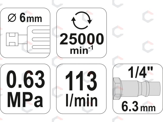 Pneumatinis šlifuoklis 6mm, 25.000 aps/min (YT-09632) 4 Pneumatinis šlifuoklis 6mm, 25.000 aps/min (YT-09632) 4