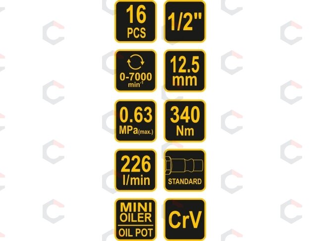 Pneumatinis smūginis veržliaraktis su įrankių rinkiniu | 12,5 mm (1/2") | 320 Nm | 16 vnt. (81101) 4 Pneumatinis smūginis veržliaraktis su įrankių rinkiniu | 12,5 mm (1/2") | 320 Nm | 16 vnt. (81101) 4