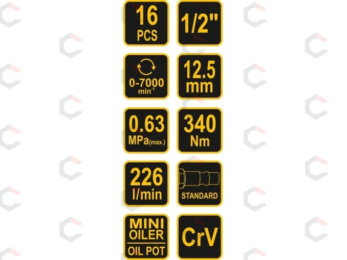 Pneumatinis smūginis veržliaraktis su įrankių rinkiniu | 12,5 mm (1/2") | 320 Nm | 16 vnt. (81101) 4 Pneumatinis smūginis veržliaraktis su įrankių rinkiniu | 12,5 mm (1/2") | 320 Nm | 16 vnt. (81101) 4