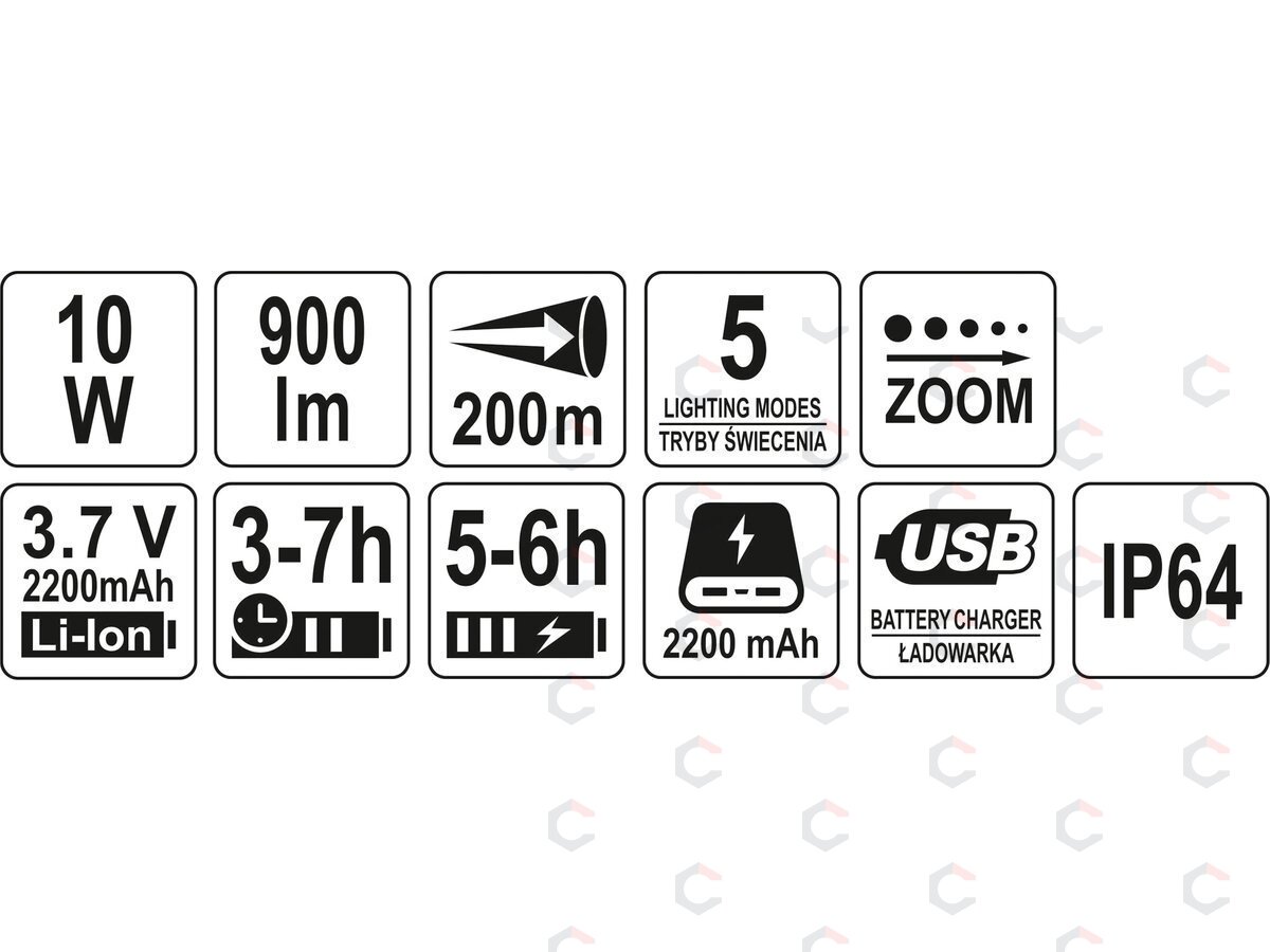Prožektorius 10W 900LM IP64, LI-ION 3,7V 2200MAH 200M, POWERBANK, ZOOM | Akumuliatorinis (YT-08559) 6