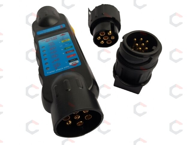 Priekabos, treilerio, kemperio lizdo testeris su 7 ir 13 kištukų adapteriais (2171V) Priekabos, treilerio, kemperio lizdo testeris su 7 ir 13 kištukų adapteriais (2171V)