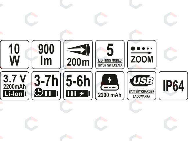 Prožektorius 10W 900LM IP64, LI-ION 3,7V 2200MAH 200M, POWERBANK, ZOOM | Akumuliatorinis (YT-08559) 6