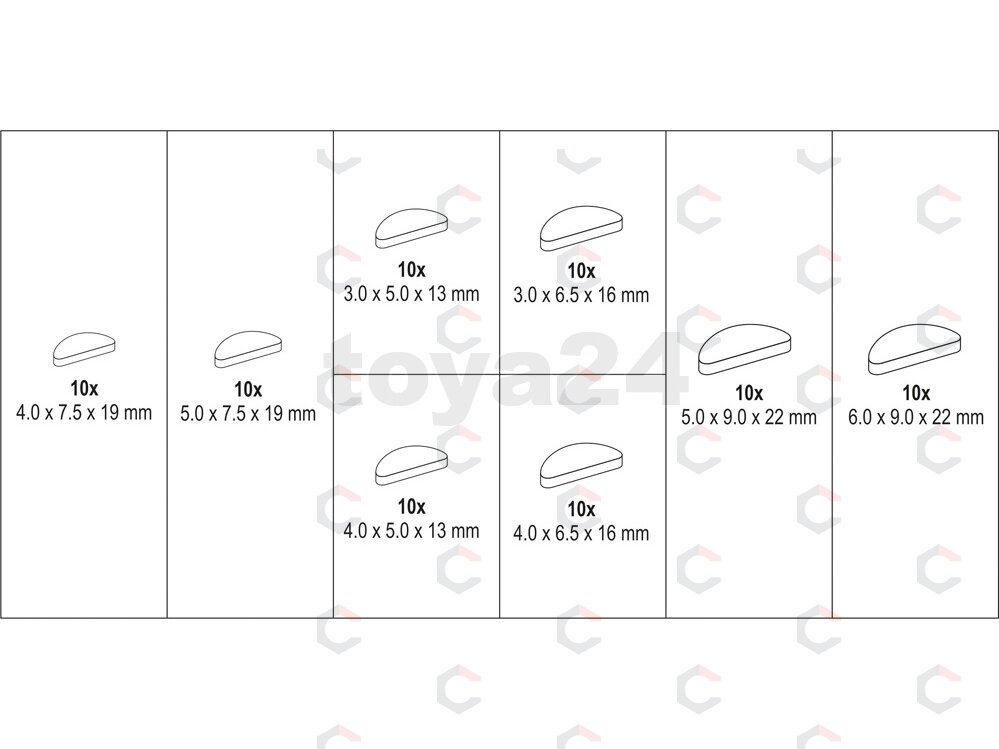 Pusmėnulių (Woodruff key) rinkinys 80 vnt. (YT-06790) 4 Pusmėnulių (Woodruff key) rinkinys 80 vnt. (YT-06790) 4