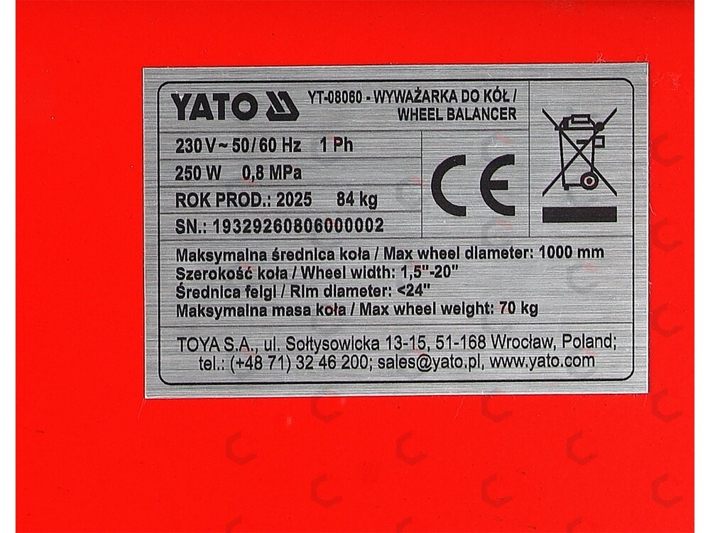 Ratų balansavimo staklės | 10–24 col. | automatinis ciklas | 250 W (YT-08060) 13 Ratų balansavimo staklės | 10–24 col. | automatinis ciklas | 250 W (YT-08060) 13
