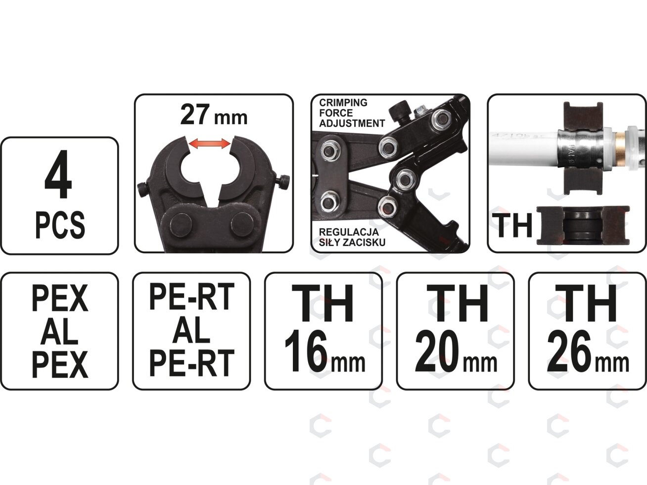 Rankinės presavimo replės PEX vamzdžiams | TH 16, 20, 26 mm (YT-21750) 4 Rankinės presavimo replės PEX vamzdžiams | TH 16, 20, 26 mm (YT-21750) 4