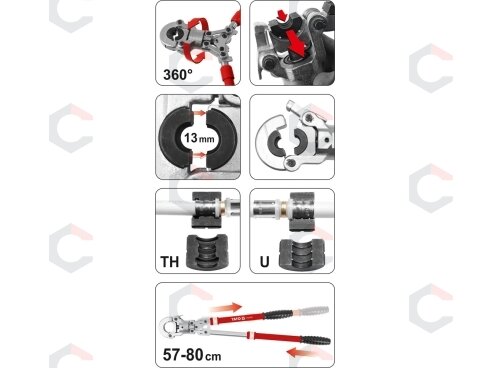 Rankinis hidraulinis presas PEX vamzdžiams | U / TH 16–32 mm | 8 indėklai (YT-21735) 7 Rankinis hidraulinis presas PEX vamzdžiams | U / TH 16–32 mm | 8 indėklai (YT-21735) 7