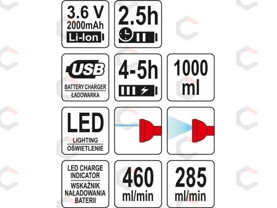 Rankinis purkštuvas | akumuliatorinis | 3.6V 2000MAH LI-ION (YT-86200) 3