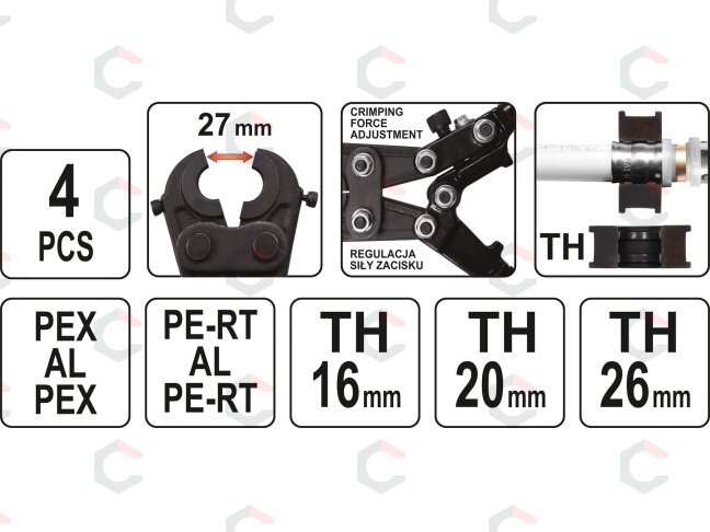 Rankinės presavimo replės PEX vamzdžiams | TH 16, 20, 26 mm (YT-21750) 4 Rankinės presavimo replės PEX vamzdžiams | TH 16, 20, 26 mm (YT-21750) 4