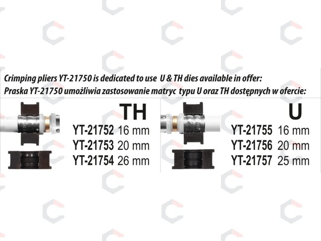 Rankinės presavimo replės PEX vamzdžiams | TH 16, 20, 26 mm (YT-21750) 5 Rankinės presavimo replės PEX vamzdžiams | TH 16, 20, 26 mm (YT-21750) 5