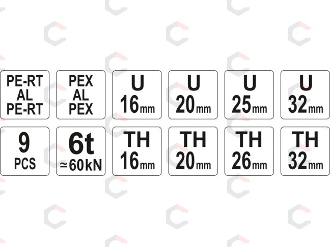 Rankinis hidraulinis presas PEX vamzdžiams | U / TH 16–32 mm | 8 indėklai (YT-21735) 6 Rankinis hidraulinis presas PEX vamzdžiams | U / TH 16–32 mm | 8 indėklai (YT-21735) 6
