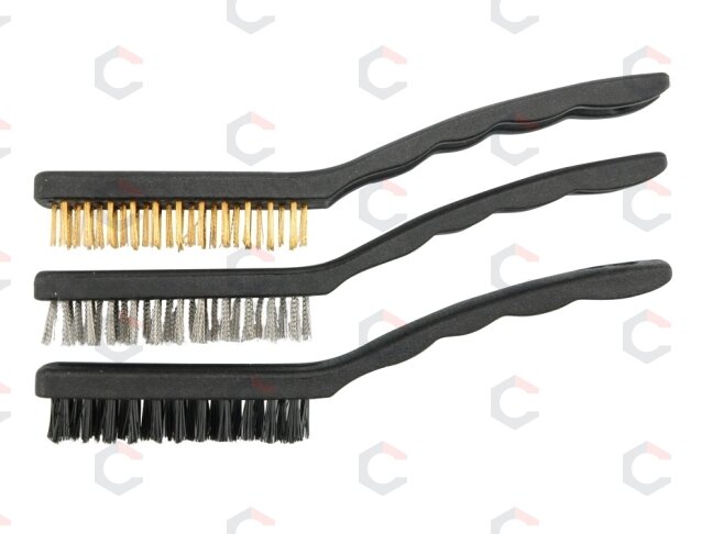 Rankinių šepečių rinkinys | žalvarinis / plieninis / nailoninis | 170mm | 3 vnt. (06963) Rankinių šepečių rinkinys | žalvarinis / plieninis / nailoninis | 170mm | 3 vnt. (06963)
