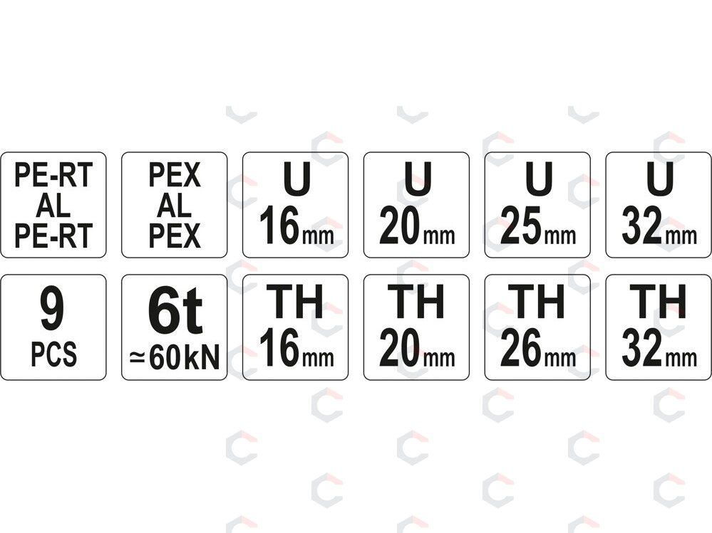 Rankinis hidraulinis presas PEX vamzdžiams | U / TH 16–32 mm | 8 indėklai (YT-21735) 6 Rankinis hidraulinis presas PEX vamzdžiams | U / TH 16–32 mm | 8 indėklai (YT-21735) 6