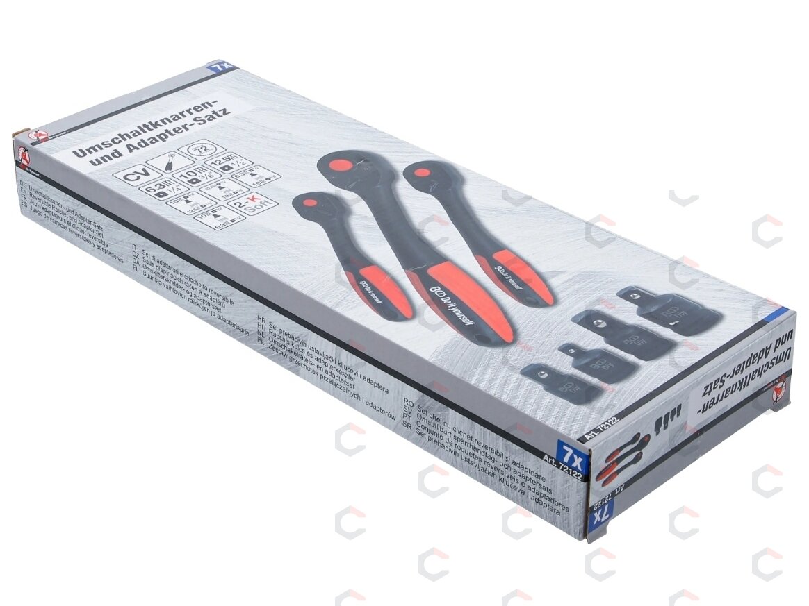 Reversinių terkšlių rinkinys su adapteriais | 6.3 mm (1/4") - 10 mm (3/8") - 12.5 mm (1/2") | 7 vnt (72122) 2 Reversinių terkšlių rinkinys su adapteriais | 6.3 mm (1/4") - 10 mm (3/8") - 12.5 mm (1/2") | 7 vnt (72122) 2