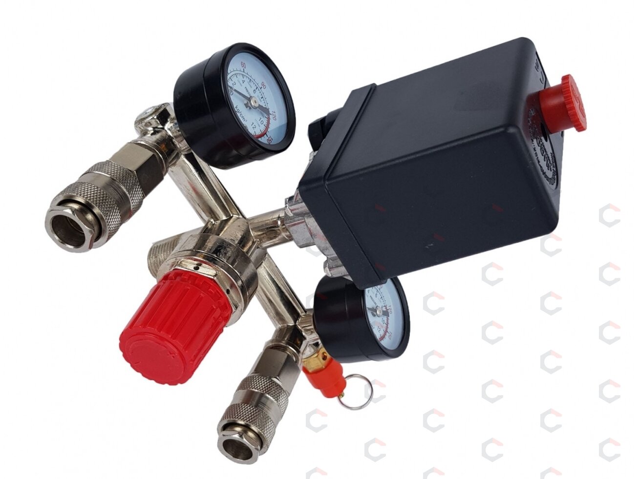 Reguliatorius kompresoriui su slėgio jungikliu ir manometrais | 230V (SK10681) Reguliatorius kompresoriui su slėgio jungikliu ir manometrais | 230V (SK10681)