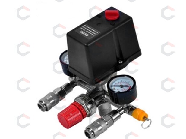 Reguliatorius kompresoriui su slėgio jungikliu ir manometrais | 230V (SK10681) 1 Reguliatorius kompresoriui su slėgio jungikliu ir manometrais | 230V (SK10681) 1