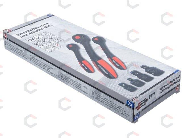 Reversinių terkšlių rinkinys su adapteriais | 6.3 mm (1/4") - 10 mm (3/8") - 12.5 mm (1/2") | 7 vnt (72122) 2 Reversinių terkšlių rinkinys su adapteriais | 6.3 mm (1/4") - 10 mm (3/8") - 12.5 mm (1/2") | 7 vnt (72122) 2