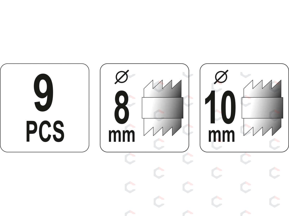 Rinkinys kontaktiniams taškams nugręžti | 8 mm / 10 mm | 9 vnt. (YT-28919) 5 Rinkinys kontaktiniams taškams nugręžti | 8 mm / 10 mm | 9 vnt. (YT-28919) 5