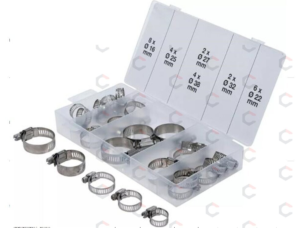 Sąvaržų rinkinys žarnoms | nerūdijantis plienas 304 | Ø16–38 mm, 26 vnt. (H8055-1)