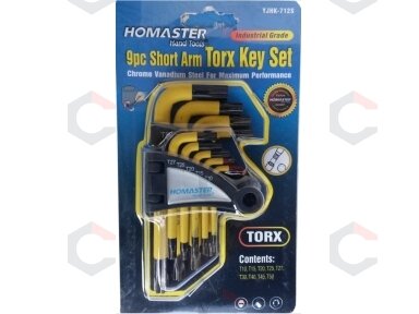 Šešiakampių raktų komplektas TORX 9vnt, CR-V, T10-50 (YJHK-712S) Šešiakampių raktų komplektas TORX 9vnt, CR-V, T10-50 (YJHK-712S)