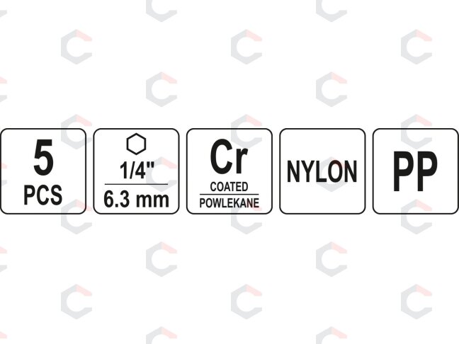 Šepečių rinkinys su Hex 6.3 mm (1/4") galu | Nailonas | 5 vnt. (YT-47777) 14