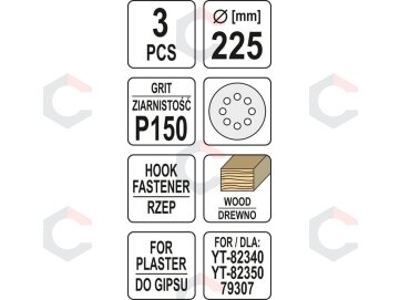 Šlifavimo popierius (velcro) apvalus | su skylėm | 225 mm / P150 | 3 vnt. (YT-83475) 2 Šlifavimo popierius (velcro) apvalus | su skylėm | 225 mm / P150 | 3 vnt. (YT-83475) 2