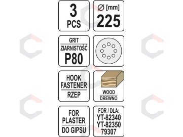 Šlifavimo popierius {velcro) apvalus | su skylėm | 225 mm / P80 | 3 vnt. (YT-83472) 2 Šlifavimo popierius {velcro) apvalus | su skylėm | 225 mm / P80 | 3 vnt. (YT-83472) 2