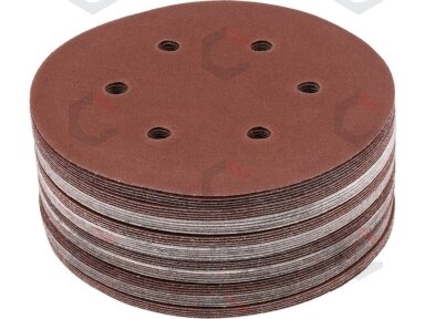 Šlifavimo popierius {velcro) | 6 skylės | 150 mm / P150 | 50 vnt. (YT-834586) Šlifavimo popierius {velcro) | 6 skylės | 150 mm / P150 | 50 vnt. (YT-834586)