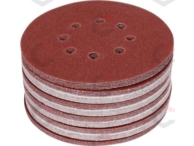 Šlifavimo popierius {velcro) | 8 skylės | 150 mm / P100 | 50 vnt. (YT-834594) Šlifavimo popierius {velcro) | 8 skylės | 150 mm / P100 | 50 vnt. (YT-834594)