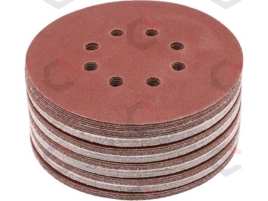 Šlifavimo popierius {velcro) | 8 skylės | 150 mm / P80 | 50 vnt. (YT-834593) Šlifavimo popierius {velcro) | 8 skylės | 150 mm / P80 | 50 vnt. (YT-834593)