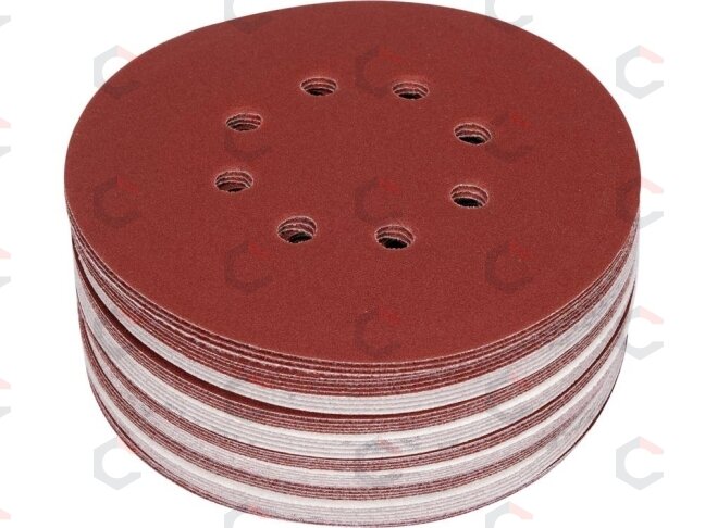Šlifavimo popierius {velcro) | 8 skylės | 150 mm / P180 | 50 vnt. (YT-834597) Šlifavimo popierius {velcro) | 8 skylės | 150 mm / P180 | 50 vnt. (YT-834597)