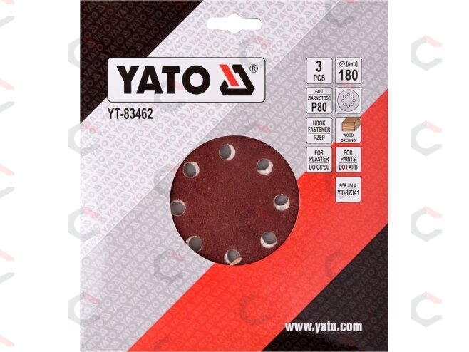 Šlifavimo popierius {velcro) apvalus | su skylėm | 180 mm / P80 | 3 vnt. (YT-83462) 1 Šlifavimo popierius {velcro) apvalus | su skylėm | 180 mm / P80 | 3 vnt. (YT-83462) 1