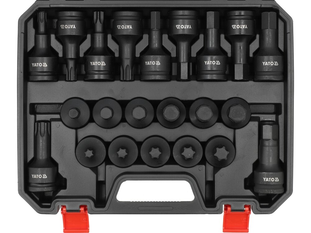 Smūginių galvučių su HEX ir TORX antgaliais rinkinys 3/4", H14–H24, T60–T100, 22 vnt. YATO (YT-10656) 1 Smūginių galvučių su HEX ir TORX antgaliais rinkinys 3/4", H14–H24, T60–T100, 22 vnt. YATO (YT-10656) 1