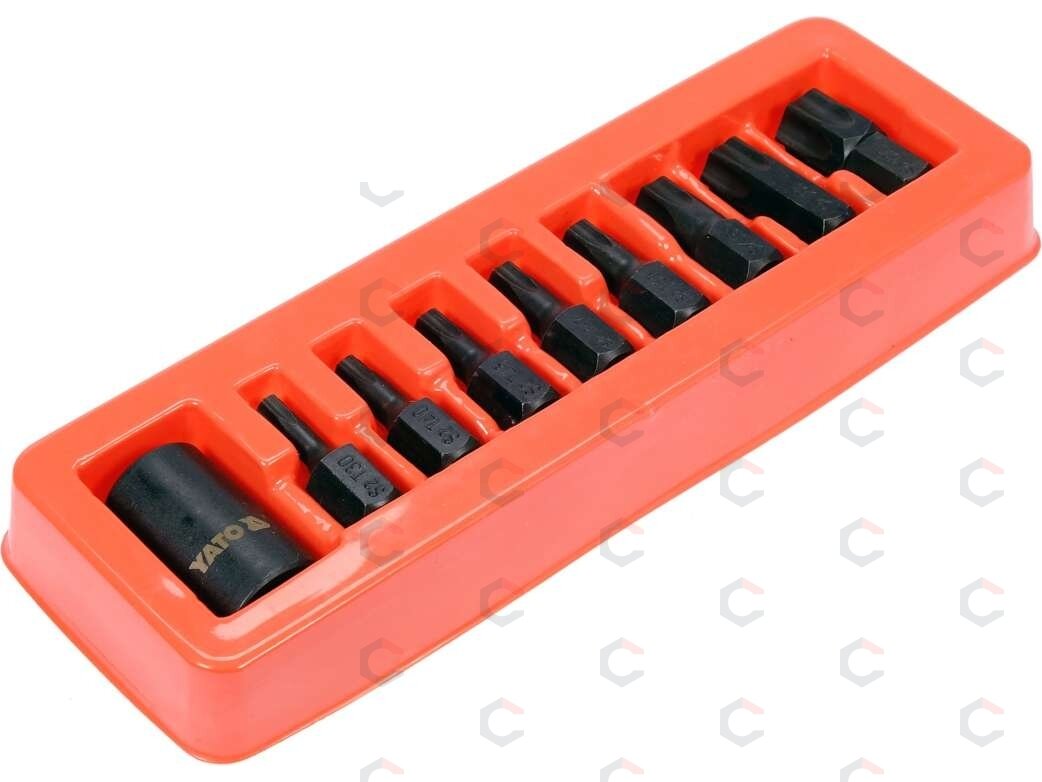 Smūginiai antgaliai | 12,5 mm (1/2") | T-Star (Torx) T30 - T70 | 9 vnt (YT-10664) Smūginiai antgaliai | 12,5 mm (1/2") | T-Star (Torx) T30 - T70 | 9 vnt (YT-10664)