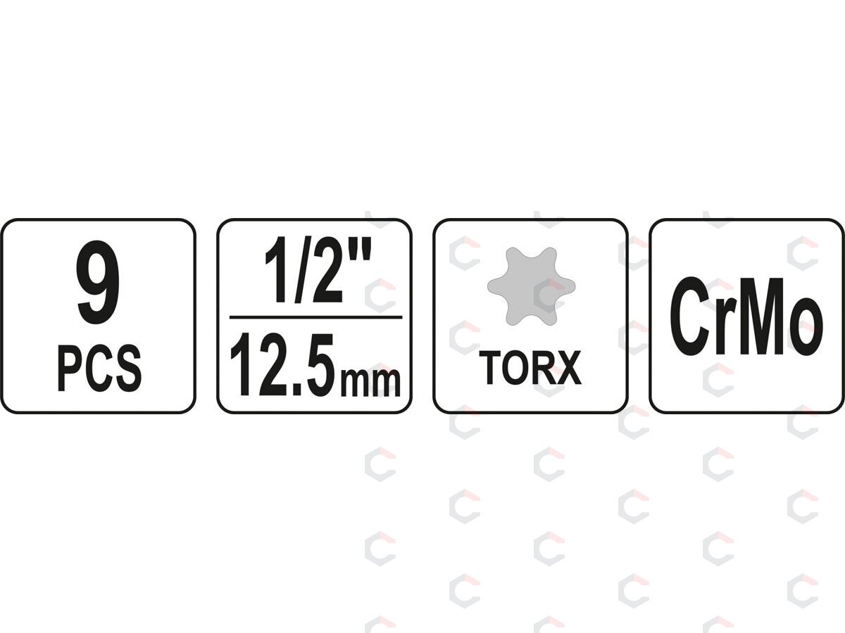 Smūginiai antgaliai | 12,5 mm (1/2") | T-Star (Torx) T20 - T70 | 9 vnt (YT-10654) 4