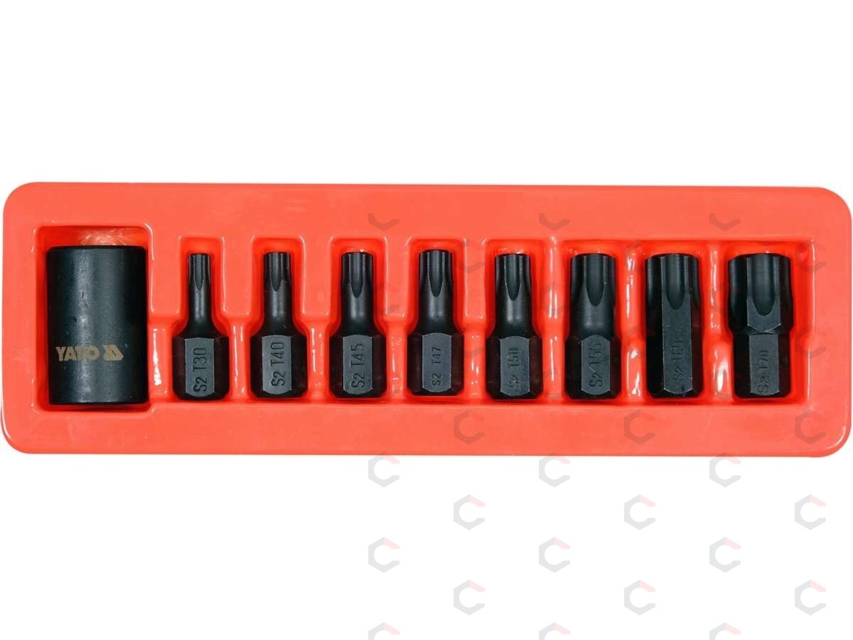 Smūginiai antgaliai | 12,5 mm (1/2") | T-Star (Torx) T30 - T70 | 9 vnt (YT-10664) 1 Smūginiai antgaliai | 12,5 mm (1/2") | T-Star (Torx) T30 - T70 | 9 vnt (YT-10664) 1