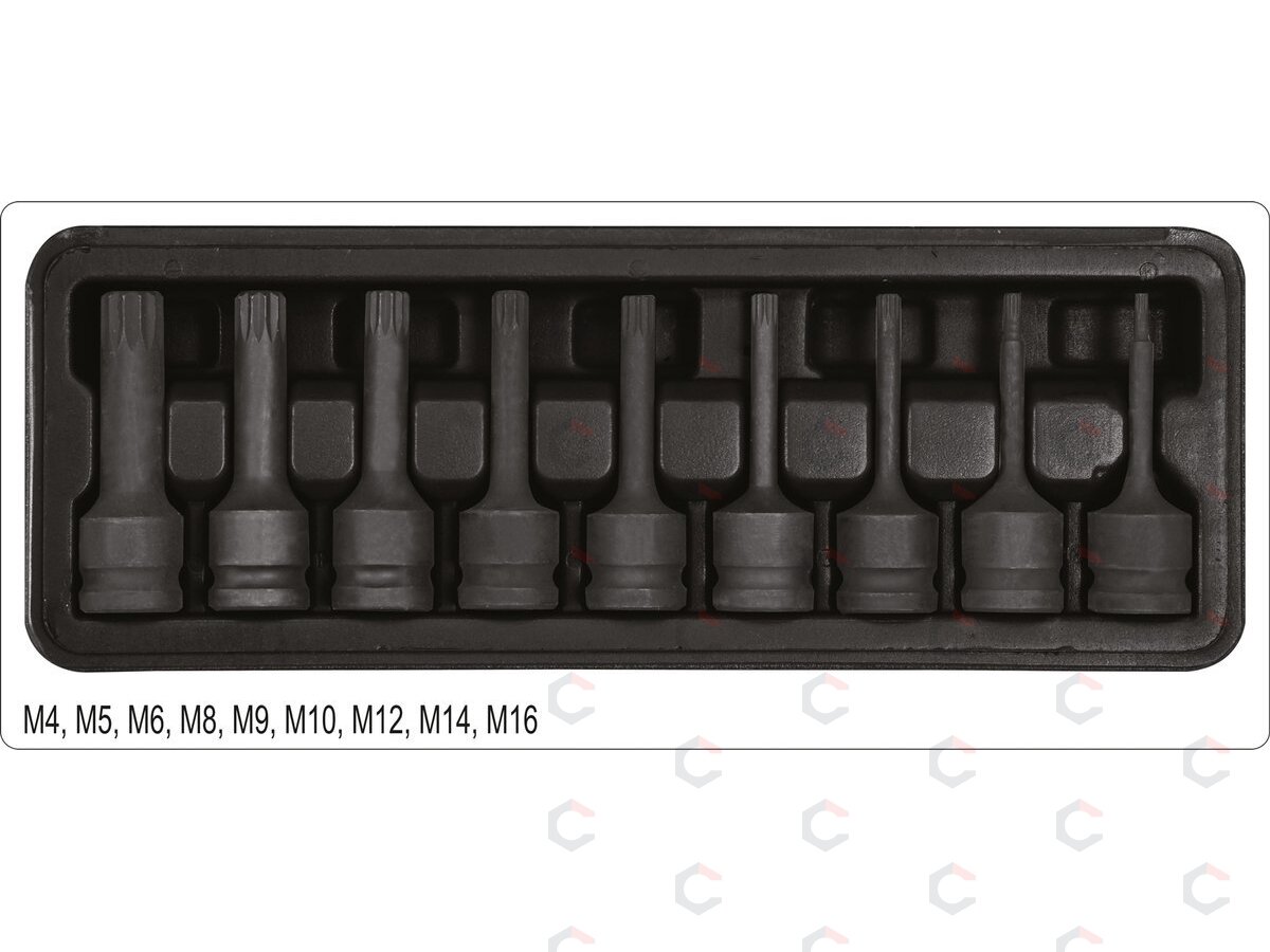 Smūginių antgalių rinkinys | 12,5 mm (1/2") | Spline (XZN) M4 - M16 | 9 vnt. (YT-10691) Smūginių antgalių rinkinys | 12,5 mm (1/2") | Spline (XZN) M4 - M16 | 9 vnt. (YT-10691)