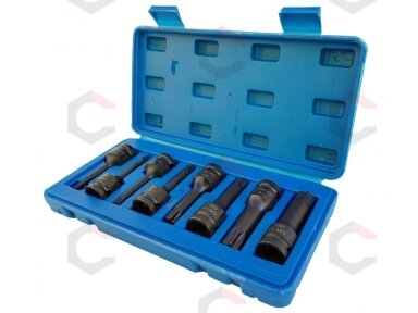 Smūginiai antgaliai – T-Star (Torx) CR-MO 1/2" – T30–T80 | 8 vnt. (S1101) Smūginiai antgaliai – T-Star (Torx) CR-MO 1/2" – T30–T80 | 8 vnt. (S1101)