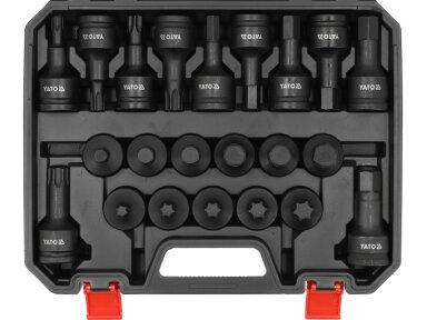 Smūginių galvučių su HEX ir TORX antgaliais rinkinys 3/4", H14–H24, T60–T100, 22 vnt. YATO (YT-10656)