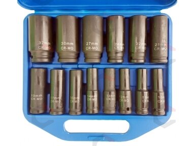 Smūginių ilgų galvučių rinkinys | 12,5 mm (1/2") | 10-32 mm | 14 vnt. (SK1214) Smūginių ilgų galvučių rinkinys | 12,5 mm (1/2") | 10-32 mm | 14 vnt. (SK1214)
