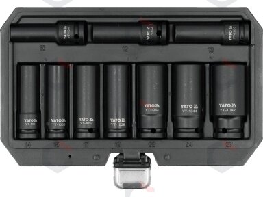 Smūginių ilgų galvučių rinkinys – AS-Drive, CrMo – 1/2", 10–27 mm, 10 vnt (YT-10557) Smūginių ilgų galvučių rinkinys – AS-Drive, CrMo – 1/2", 10–27 mm, 10 vnt (YT-10557)