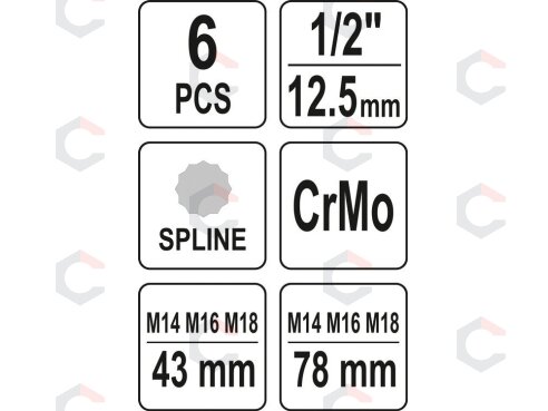 Smūginių antgalių rinkinys | 12,5 mm (1/2") | Spline (XZN) | 6 vnt. (YT-10652) 4 Smūginių antgalių rinkinys | 12,5 mm (1/2") | Spline (XZN) | 6 vnt. (YT-10652) 4