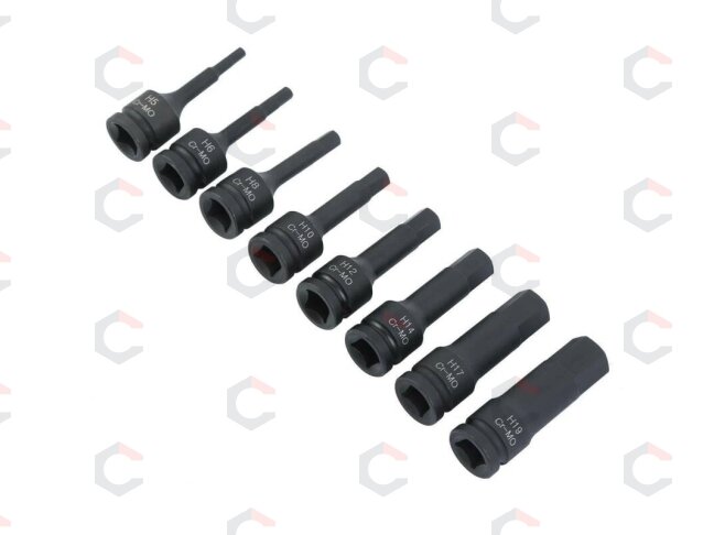 Smūginiai antgaliai – šešiakampiai CR-MO 1/2" – 5–19 mm | 8 vnt. (S1100) 4 Smūginiai antgaliai – šešiakampiai CR-MO 1/2" – 5–19 mm | 8 vnt. (S1100) 4