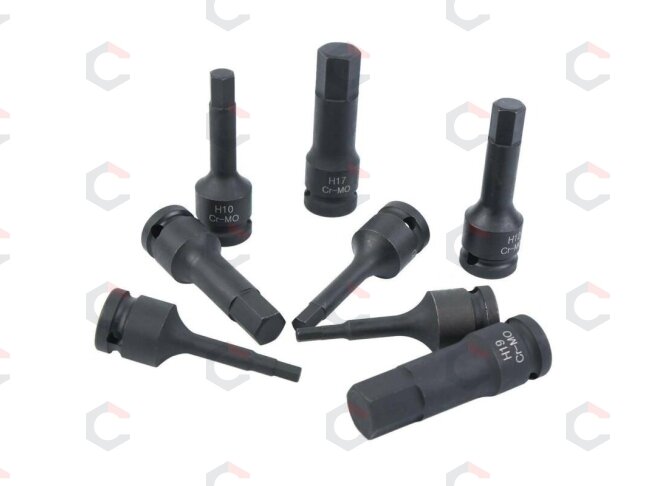 Smūginiai antgaliai – šešiakampiai CR-MO 1/2" – 5–19 mm | 8 vnt. (S1100) 5 Smūginiai antgaliai – šešiakampiai CR-MO 1/2" – 5–19 mm | 8 vnt. (S1100) 5