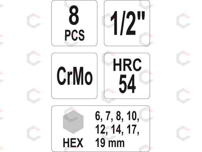 Smūginiai antgaliai | 12,5 mm (1/2") | šešiakampis HEX 5 - 19 mm | 8 vnt. (YT-1066) 2 Smūginiai antgaliai | 12,5 mm (1/2") | šešiakampis HEX 5 - 19 mm | 8 vnt. (YT-1066) 2